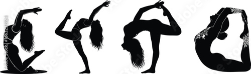 Gymnasts striking graceful poses in silhouette against a white background showcasing flexibility and artistry