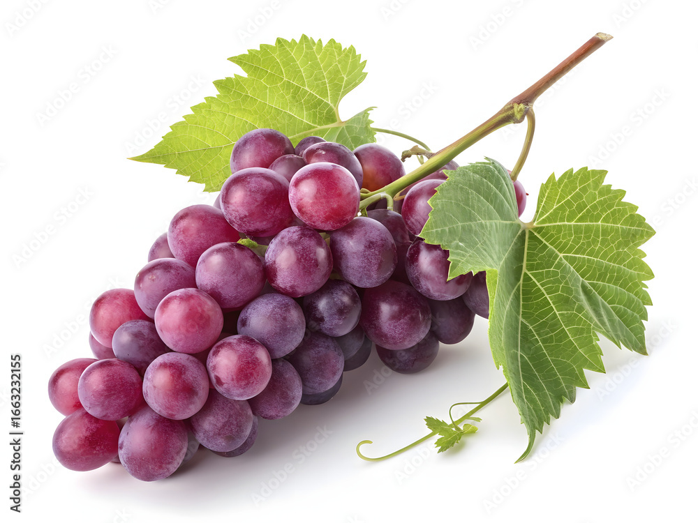 Fototapeta premium A fresh bunch of ripe red grapes with green leaves on a white background