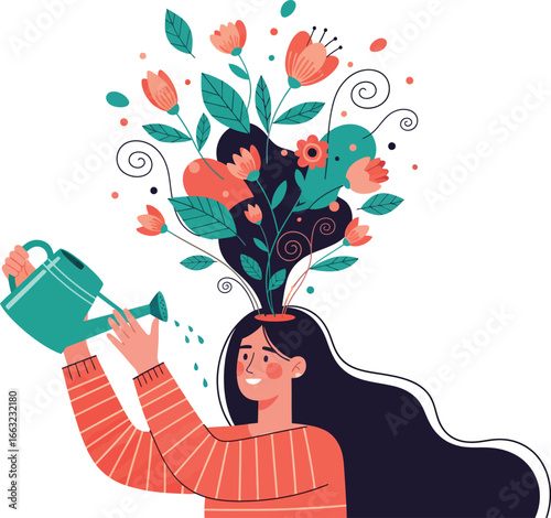 Happy woman cultivating innovative growth watering flowers sprouting from head with potential