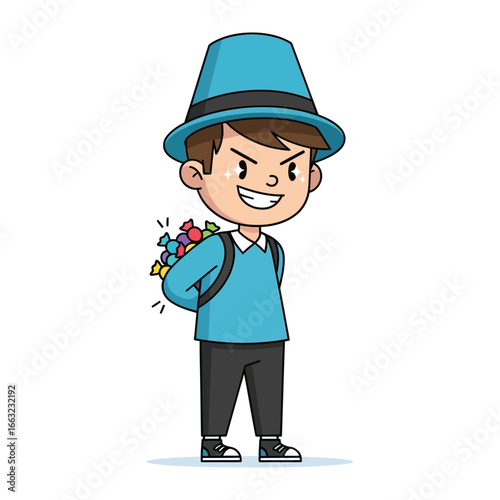 Sneaky Treat: a cheerful yet mischievous kid with a colorful array of treats secretly tucked behind his back, conveying a sense of playful mystery and delight.