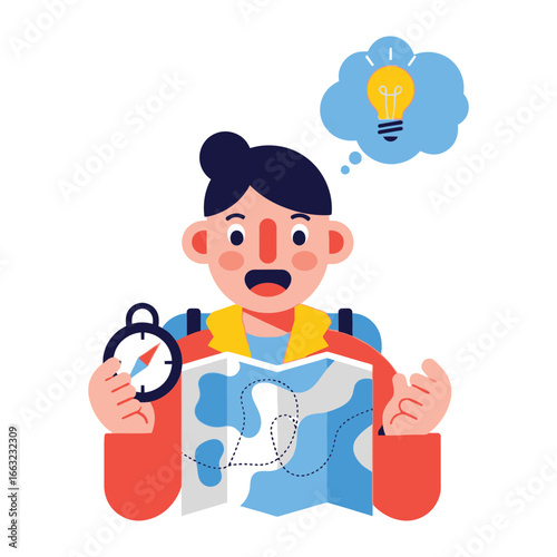 The Explorer's Idea: An explorer contemplates their adventure, holding a map and compass while a lightbulb sparks an idea, showcasing the thrill of discovery and forward-thinking concepts.
