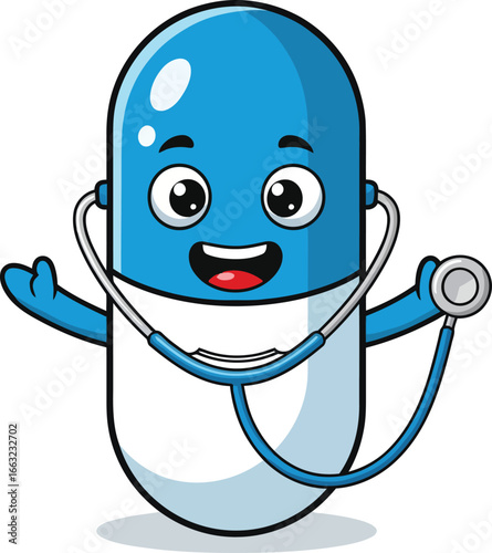 Adorable medical pill character wears a stethoscope for healthcare and wellness promotion campaign