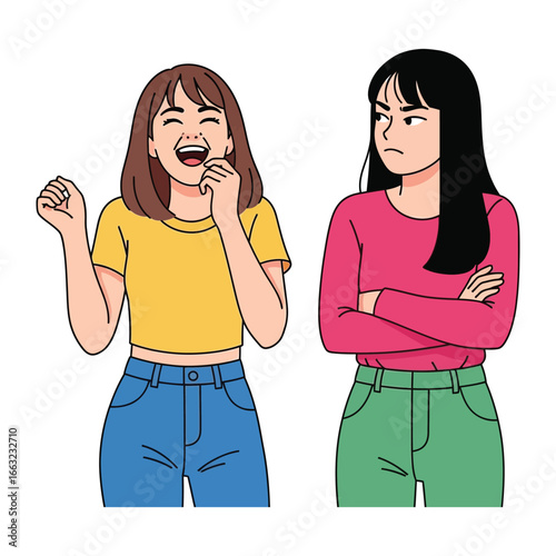 Two Emotions: A vibrant illustration depicts a contrast of emotions, one person exudes laughter and delight, while the other embodies frustration and displeasure.