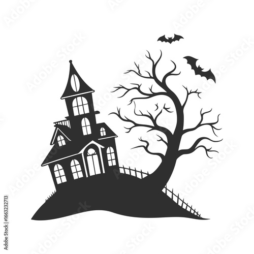 Haunted house silhouette on a hill with bats and bare tree, vector illustration