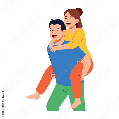 Joyful Piggyback Ride: Capture the essence of fun and affection with an illustration of a man giving a woman a piggyback ride, both immersed in shared laughter and a vibrant bond of connection.