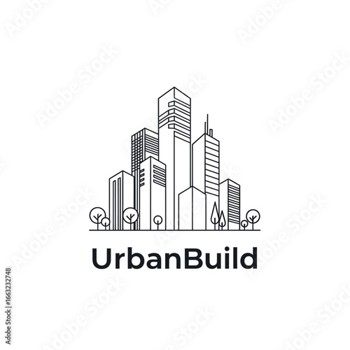 Clean line art logo depicting a modern city with trees. Urban Build