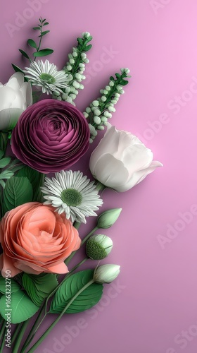 Layered Paper Craft Flowers Bouquet on Pink Background