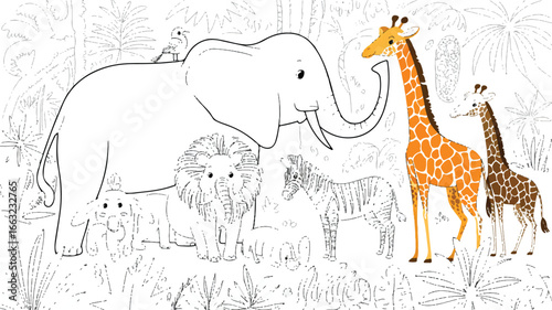 A digital illustration of a group of cartoon animals in a lush jungle setting. In the center, a large gray elephant with a long trunk stands prominently.  
