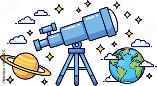 Looking at planets with a telescope under a starry sky and floating clouds in open space