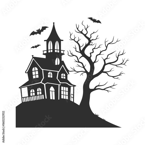 Wallpaper Mural Haunted house silhouette on a hill with bats and bare tree, vector illustration Torontodigital.ca