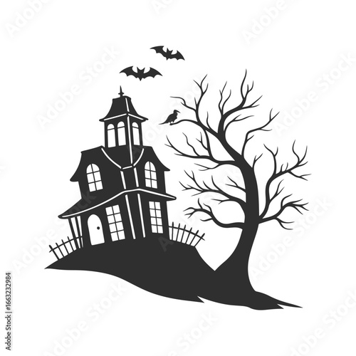 Haunted house silhouette on a hill with bats and bare tree, vector illustration