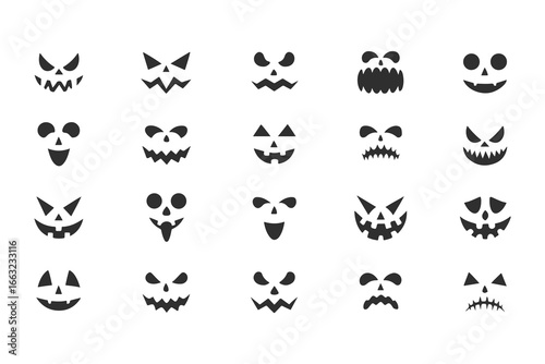 Set of Jack-o'-Lantern Faces. Line art icon collection of spooky and evil Halloween pumpkins with various carved expressions. Vector outline illustration for coloring, isolated on white background.