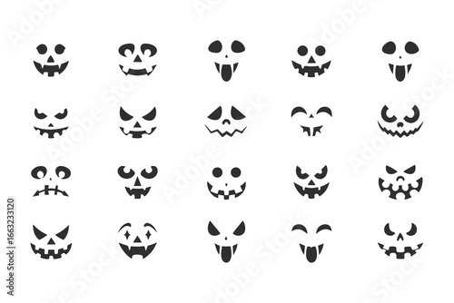 Set of Jack-o'-Lantern Faces. Line art icon collection of spooky and evil Halloween pumpkins with various carved expressions. Vector outline illustration for coloring, isolated on white background.