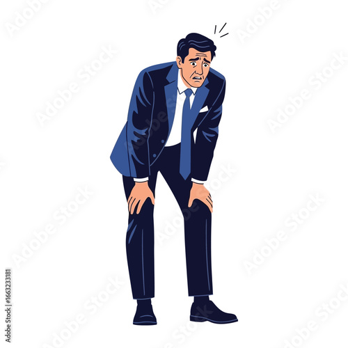 Exhaustion and Overwhelm: A sharply dressed individual, leaning on their knees, captures a powerful moment of fatigue and stress, highlighting the human toll of professional and personal pressures.
