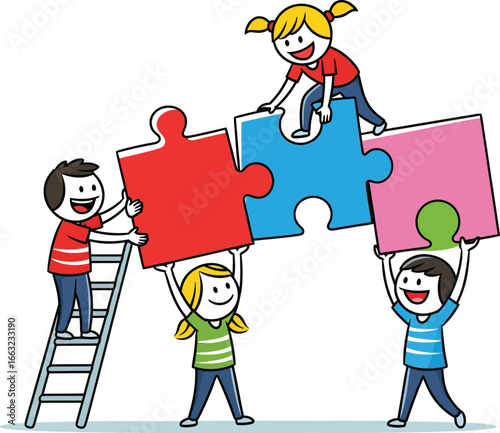 Teamwork makes the dream work with diverse kids solving a puzzle and climbing to success together
