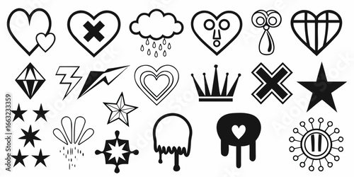 Collection of black and white graphic icons and symbols