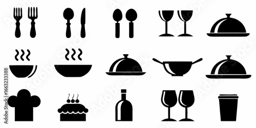 Collection of black food and drink icons on a white background