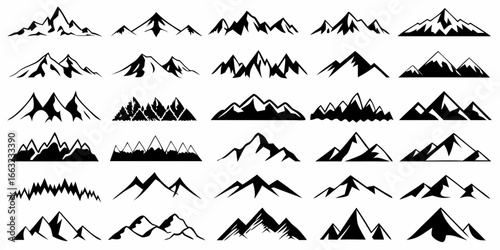 Collection of black mountain silhouette icons mountains