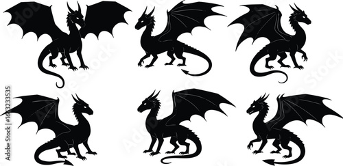 Black dragon silhouettes in various poses with wings, horns, claws, and spiked tails, fantasy creature vector illustration design collection