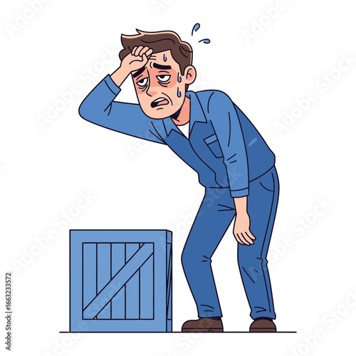 Exhausted Worker: A visual depiction of strain and fatigue. A weary worker in a blue uniform is seen in a state of distress, with sweat and a pained expression, resting beside a wooden crate.