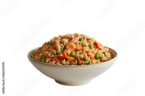 Steaming Bowl of Fried Rice with Vegetables, Front View, Isolated on Transparent Background