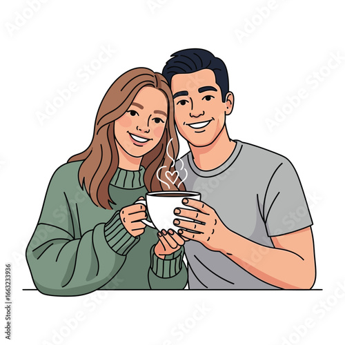 Warmth and Connection: A smiling couple shares a moment of intimacy, holding a cup of steaming coffee in a captivating illustration of love and closeness.