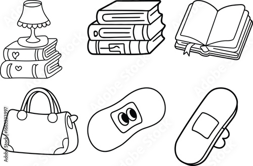 Collection of household objects including books lamps handbags and bandages outline drawings for design white background