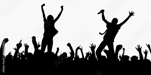 Silhouette of cheering crowd with raised hands at a concert