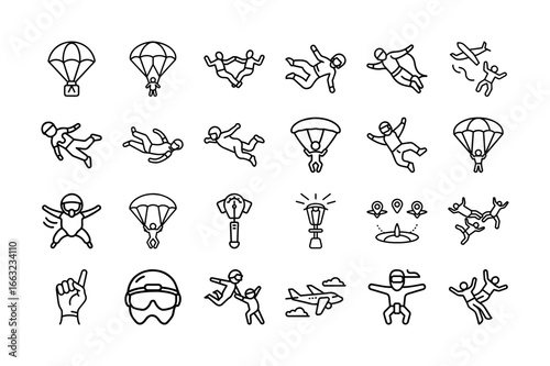Skydiving Vector Icon Set. Parachute, Jumping, Freefall, Tandem Skydiving, Airplane, Helmet, Skydiving Gear, and More. Editable Stroke. Vector Illustration.