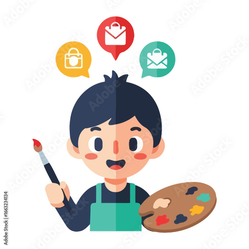 Artist's Vision: This vibrant illustration captures an artist at work, the creative spirit flourishing with palette and brush, with a bright array of artful ideas