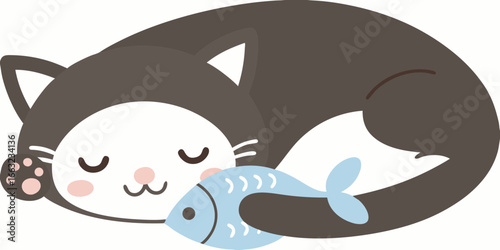 Sleeping cat with a fish on a white background napping