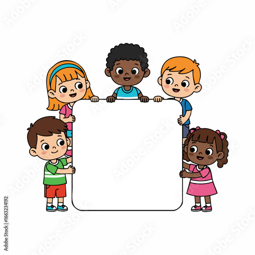 Cartoon Cheerful Diverse Children Holding Blank White Board Frame Illustration