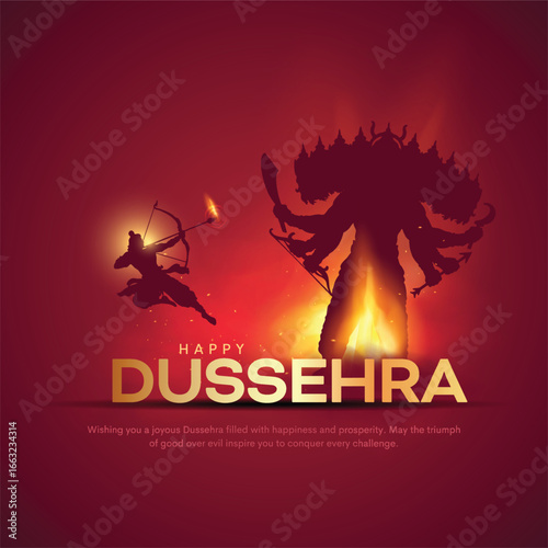 Happy Dussehra festival of India poster design. Lord Rama killing Ravana. Creative vector illustration.
