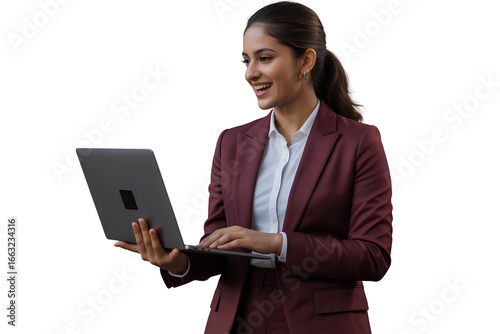 Smiling Indian Businesswoman in Maroon Suit Holding Laptop, Side Angle, Isolated on Transparent Background