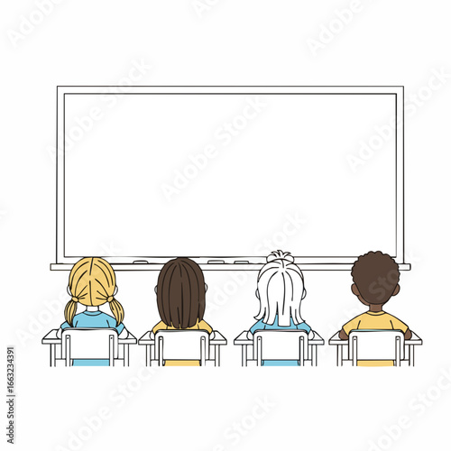 Cartoon Style Diverse Students Back View in Classroom Illustration