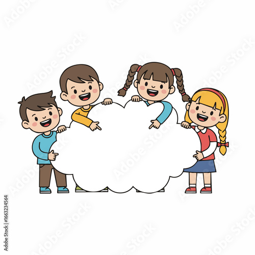 Cartoon Style Group of Children Holding Blank Cloud Shape Banner Illustration