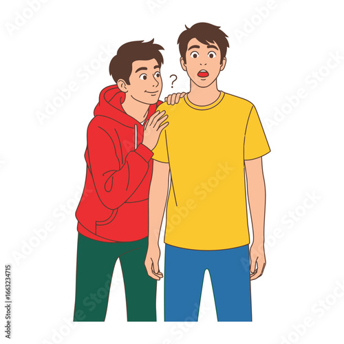 Friend's Curiosity: One friend, dressed in red, taps another on the shoulder with a curious expression and query. The other friend responds with surprise. Capture the interaction.