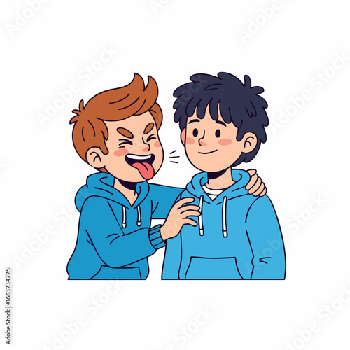 Flat Illustration Two Friends Laughing and Teasing Each Other in Cartoon Style