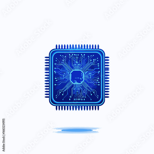 Stylized blue computer microprocessor chip with intricate circuit board patterns and pins.