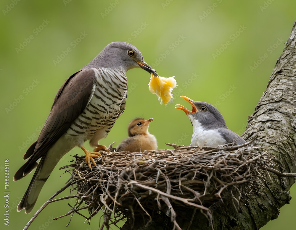 Fototapeta premium A Cuckoo feeding its chick in a nest built on a tree branch. A red-winged blackbird.