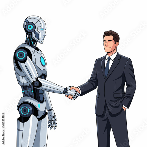 Humanoid Robot and Businessman Shaking Hands in Partnership.