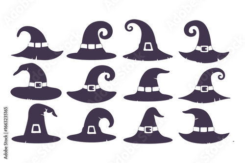 Witch Hat Silhouette Collection. Set of various spooky and magical pointed hats for Halloween. Vector wizard and sorceress cap icons isolated on white background.