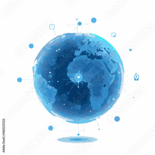 Stylized blue watercolor globe representing global communication and digital networks.