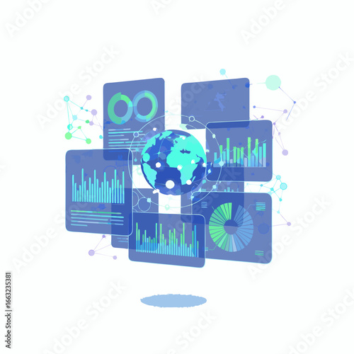 Futuristic global data analytics dashboard with a central Earth and various charts.