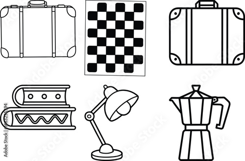 Collection of vintage travel luggage books desk lamp and coffee maker icons white background