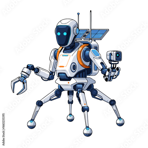 A futuristic hexapod robot with solar panels a camera and a claw.