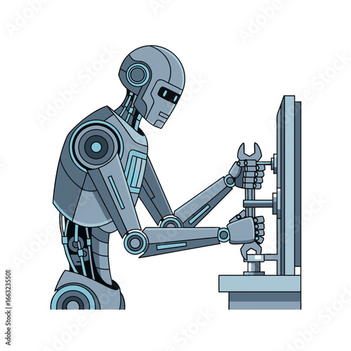 Robot Repairing Machine with Wrench Side View Detailed Illustration.