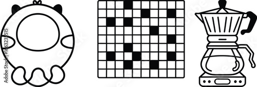Cute panda face crossword puzzle and moka pot line art icons for everyday use white background