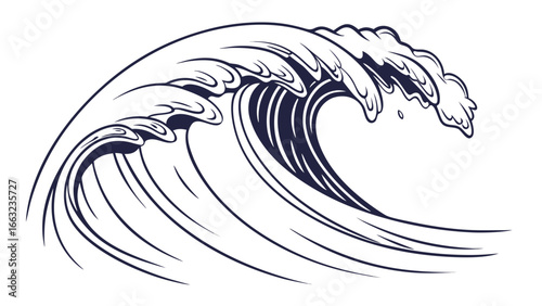 Illustration of a large ocean wave with a curling crest and detailed white background imagery design created with generated ai