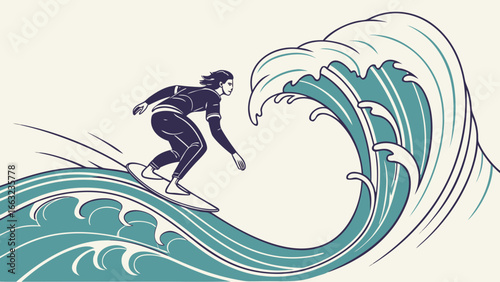 Illustration of a surfer riding a wave with a large curl in a wetsuit on a surfboard at the beach created with generated ai